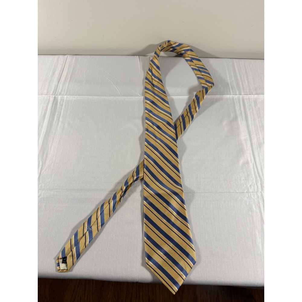 Lyndon Mens Silk Necktie Gold Blue White Striped Formal Business Dress Tie